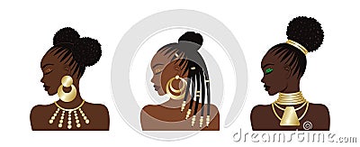 Isolated set of gorgeous African American women with different hairstyles and luxury gold jewelry Vector Illustration