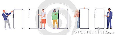 Isolated set of happy tiny people character pointing to huge empty blank mobile phone screen Vector Illustration