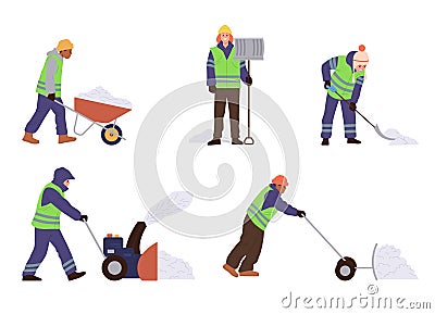 Isolated set of male janitor cartoon characters wearing uniform cleaning street from snow with tools Vector Illustration