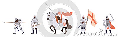 Isolated set of medieval armed knights characters in steel armor with weapons, flag and on horse Vector Illustration