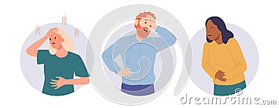 Isolated set of round icon composition with sick unhealthy people cartoon character with flu symptom Vector Illustration