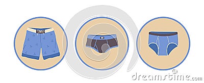 Isolated set of round composition with fashion and classic male model of briefs, trunks, underpants Vector Illustration