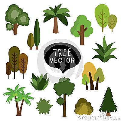 Isolated set vector drawing doodle cute cartoon flat tree Vector Illustration