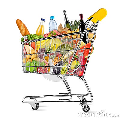 Isolated shopping cart filled with food Stock Photo