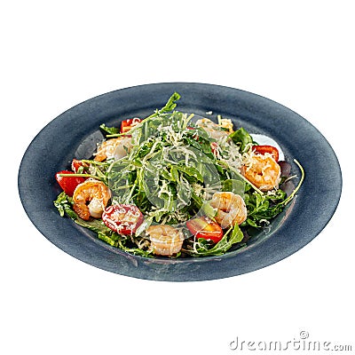 Isolated shrimp and arugula salad with tomato Stock Photo