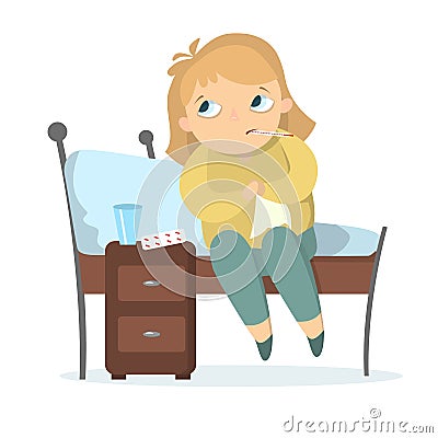 Isolated sick girl. Vector Illustration