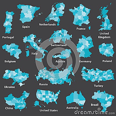 Isolated sift tints of blue regional country maps Vector Illustration