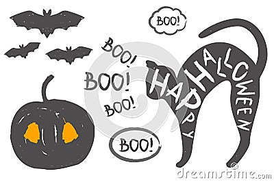 Isolated silhouette of black cat, pumpkin and bats. Vector Illustration