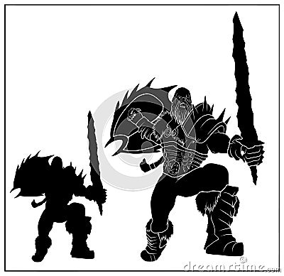 Isolated silhouette of a brutal viking in armor with a shield and a large sword in his hand. Dark fantasy warrior with a beard. Vector Illustration