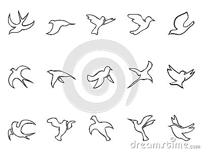 Simple birds flying outline icons set Vector Illustration
