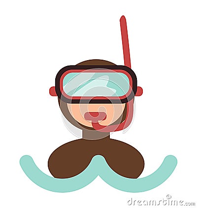 Isolated simple icon portrait of diver in diving mask among sea waves, underwater activity Vector Illustration