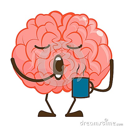 Sleepy yawning brain emoticon isolated on white Vector Illustration