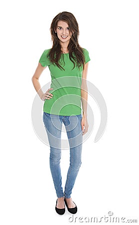 Isolated slim young woman in blue and green in whole body shoot. Stock Photo