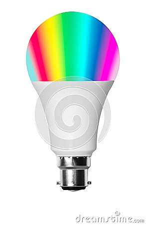 Isolated smart multi-colour LED bulb with bayonet connector for UK style lamps Stock Photo