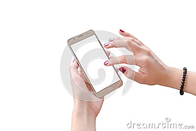 Isolated smart phone in woman hands. Woman touch mobile phone screen Stock Photo