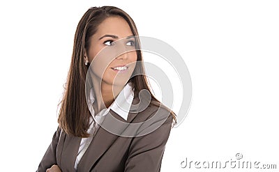 Isolated smiling business woman looking sideways to text. Stock Photo