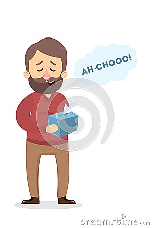 Isolated sneezing man. Vector Illustration