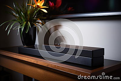 an isolated sound bar with subwoofer on a sleek, modern table Stock Photo