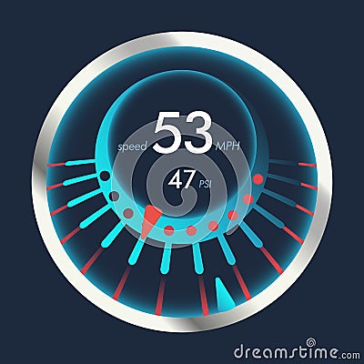 Isolated speedometers for dashboard. Device for measuring speed and futuristic speedometer, technology gauge with arrow Vector Illustration
