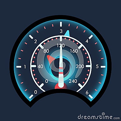 Isolated speedometers for dashboard. Device for measuring speed and futuristic speedometer, technology gauge with arrow Vector Illustration