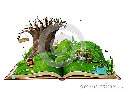 Isolated Easter Spring landscape on the book. Cartoon Illustration