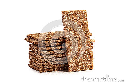 Isolated stack rye, wheat crisp bread cookie on white background. Isolated Snack Stock Photo