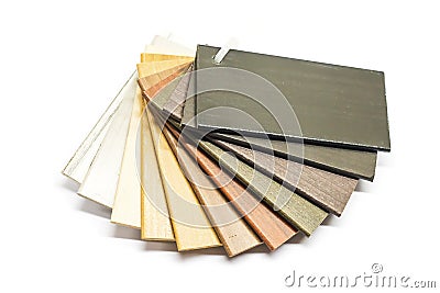 Isolated stacked prefinished hardwood flooring samples Stock Photo