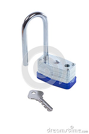 Isolated steel padlock and key on white Stock Photo