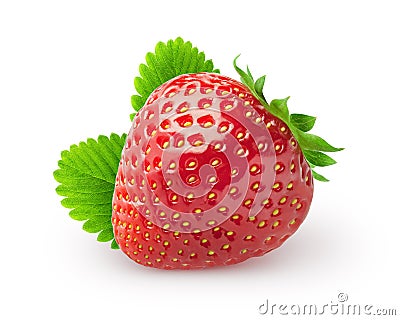 Isolated strawberry. Single strawberry fruit with leaves isolated on white background, with clipping path. Stock Photo