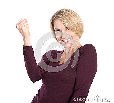 Isolated successful and happy older woman in pullover. Stock Photo