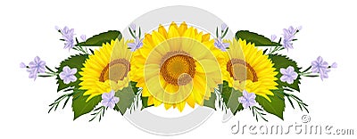 Isolated sunflowers, wedding flower bouquet. Yellow petals, single floral daisy composition for border or frame Cartoon Illustration