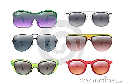 Isolated sunglasses. Colorful sunglass, realistic bright frames. Plastic metal rim, summer face protection fashion Vector Illustration