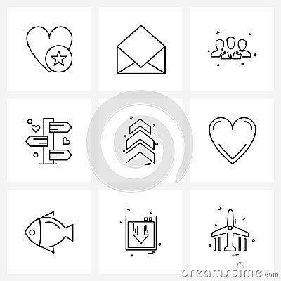 Isolated Symbols Set of 9 Simple Line Icons of arrows, row, group, love, direction Vector Illustration