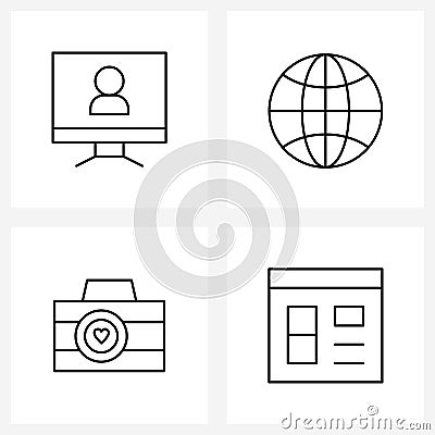 Isolated Symbols Set of 4 Simple Line Icons of computer; valentine; world; camera; browser Vector Illustration