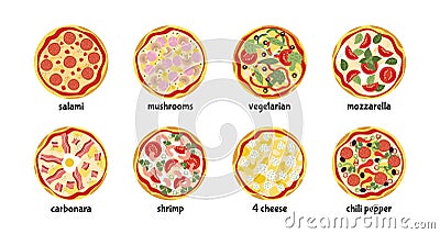 Isolated tasty pizza icons top view. Pizzas salami, mozzarella, peperoni. Pizzeria, delivery service fast food. Decent Vector Illustration