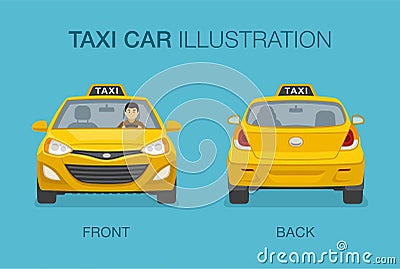 Isolated taxi cab. Yellow sedan taxi car driver service. Front view. Vector Illustration