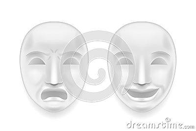 Isolated theatrical face mask sadness joy white actor play antique realistic 3d mock up design vector illustration Vector Illustration
