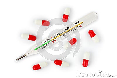 Isolated thermometer and pills Stock Photo