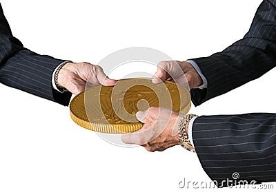 Isolated three traders hands holding large gold coin Stock Photo