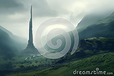 Isolated tower reaching into the misty and Stock Photo