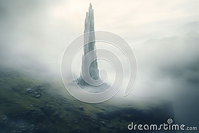 Isolated tower reaching into the misty and Stock Photo