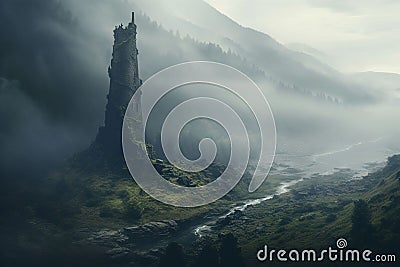 Isolated tower reaching into the misty and Stock Photo