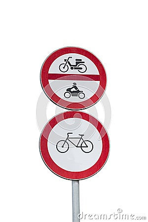 Traffic signs - forbidden for the bikes and motorbikes. Stock Photo