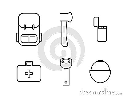 Isolated traveling elements: backpack, lighter, flashlight, axe, boiler and first aid kit Vector Illustration