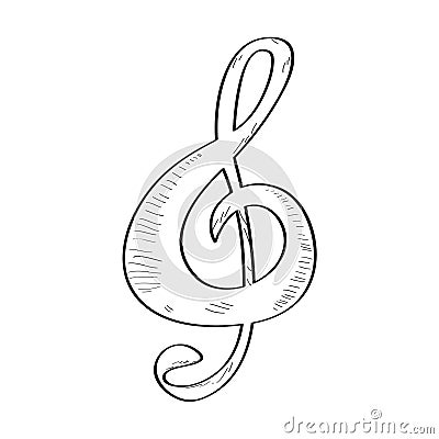 Isolated treble clef sketch. Comic musical note Vector Illustration