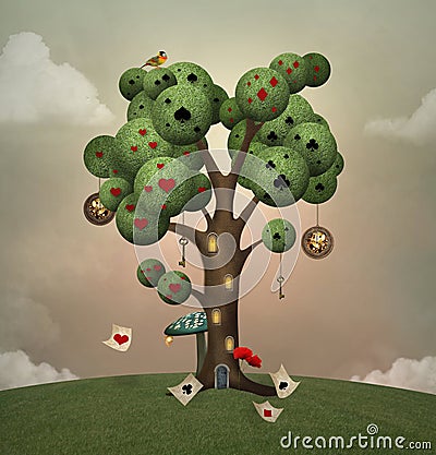 Wonderland surreal tree with poker cards Cartoon Illustration