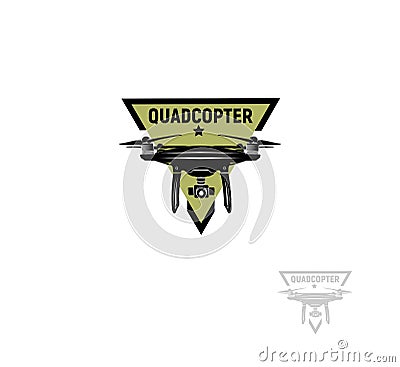 Isolated triangular shape green color quadrocopter logo on white background, unmanned aerial vehicle logotype, rc drone Vector Illustration