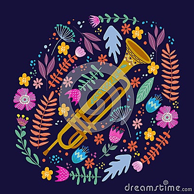 Isolated trombone and Bright leaves and flowers on blue background. Hand drawing folk flat doodles vector Vector Illustration