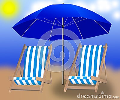 Isolated umbrella and two loungers on the background Stock Photo