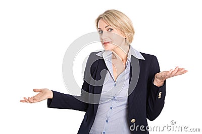 Isolated undecided blond business woman in business outfit on white background. Stock Photo